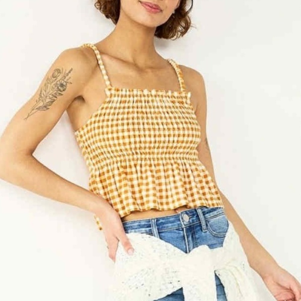 SO Gingham Smocked Crop Top Square Neck Sleeveless Casual‎ XL